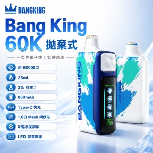 Bang King Ice Cool 60000｜一次性電子煙｜約 60,000 口 25mL 3% 尼古丁 850mAh Type-C 5 檔涼度調節 LED 顯示螢幕【12 種口味】